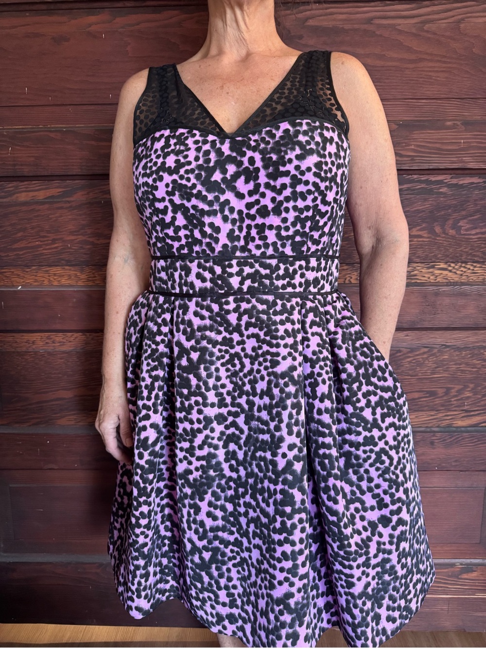 Taylor Lavender and Black Printed Fit-and-Flare Midi Dress